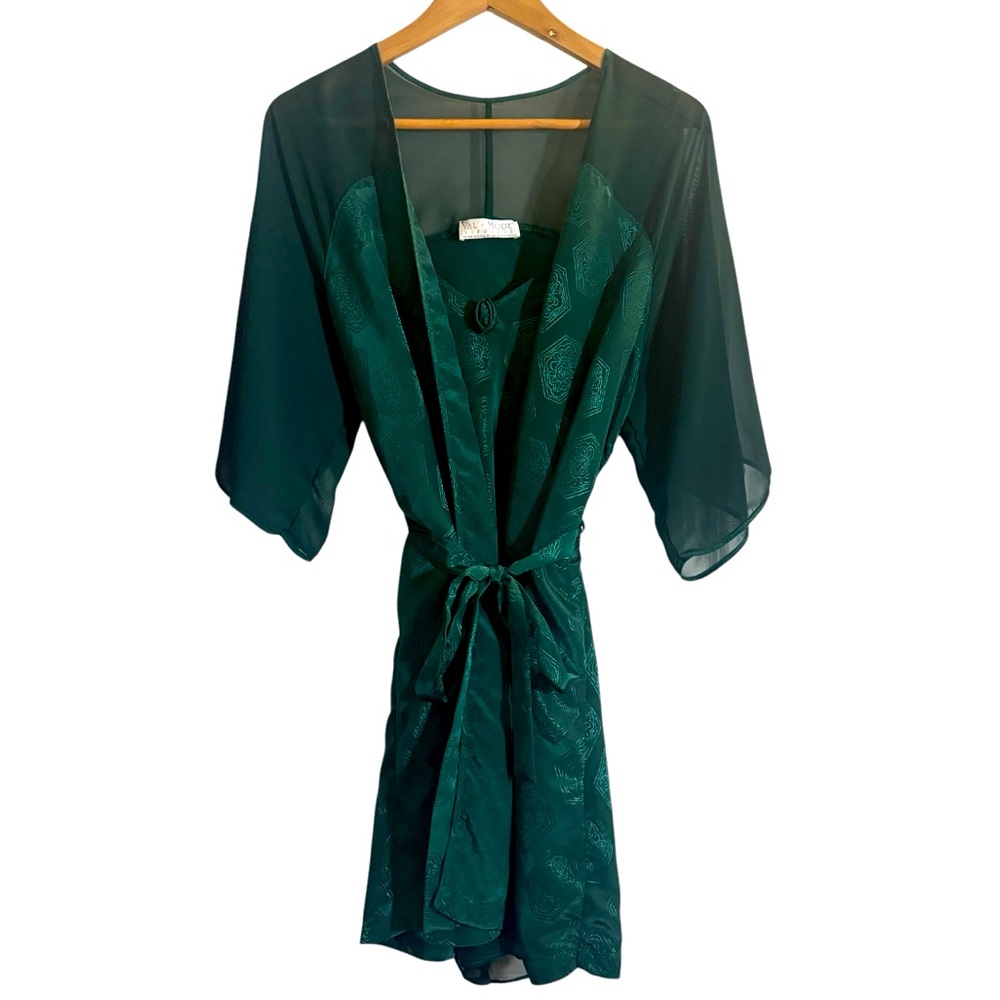 Vintage Val Mode Lingerie Kelly Green Floral Lace Robe Dress Set Womens Size S